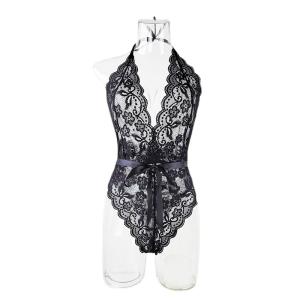 بدلة نوم مثيرة بتصميم V العميق - لانجري اسود شفاف مع ربطات عنق وظهر مفتوح